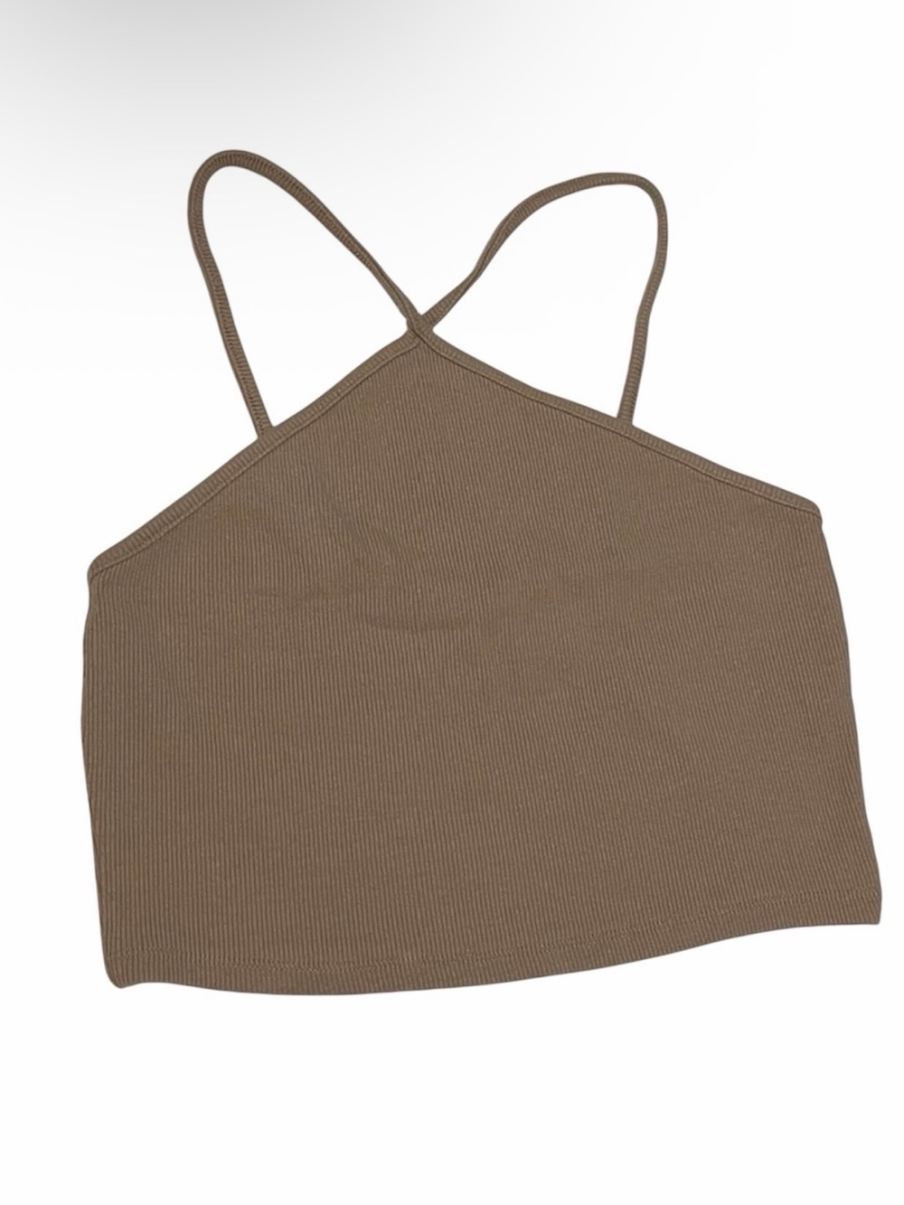 Zara Women’s Large Ribbed Halter Crop Top Beige Spaghetti Strap